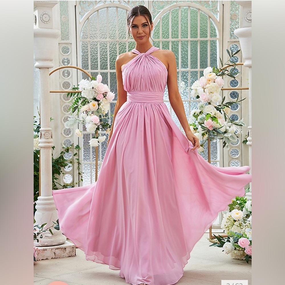 A Line/Princess Chiffon Ruched Halter Sleeveless Floor Length Dress in pink